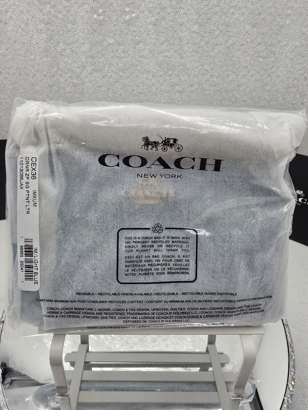 Coach Light Blue Pearlized Signature Patent Leather Wristlet Pouch